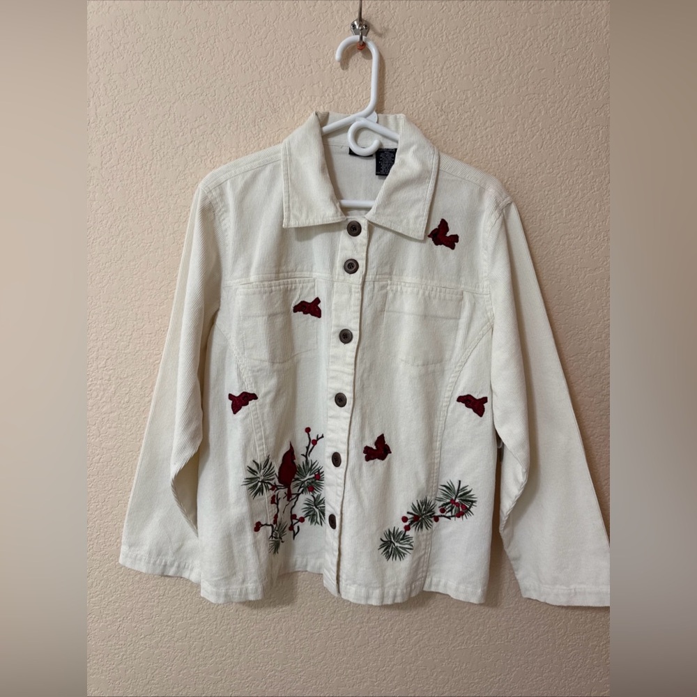 NWT VTG North Crest Corduroy Embroidery Cardinal Button Up Jacket Eggshell Sz XL